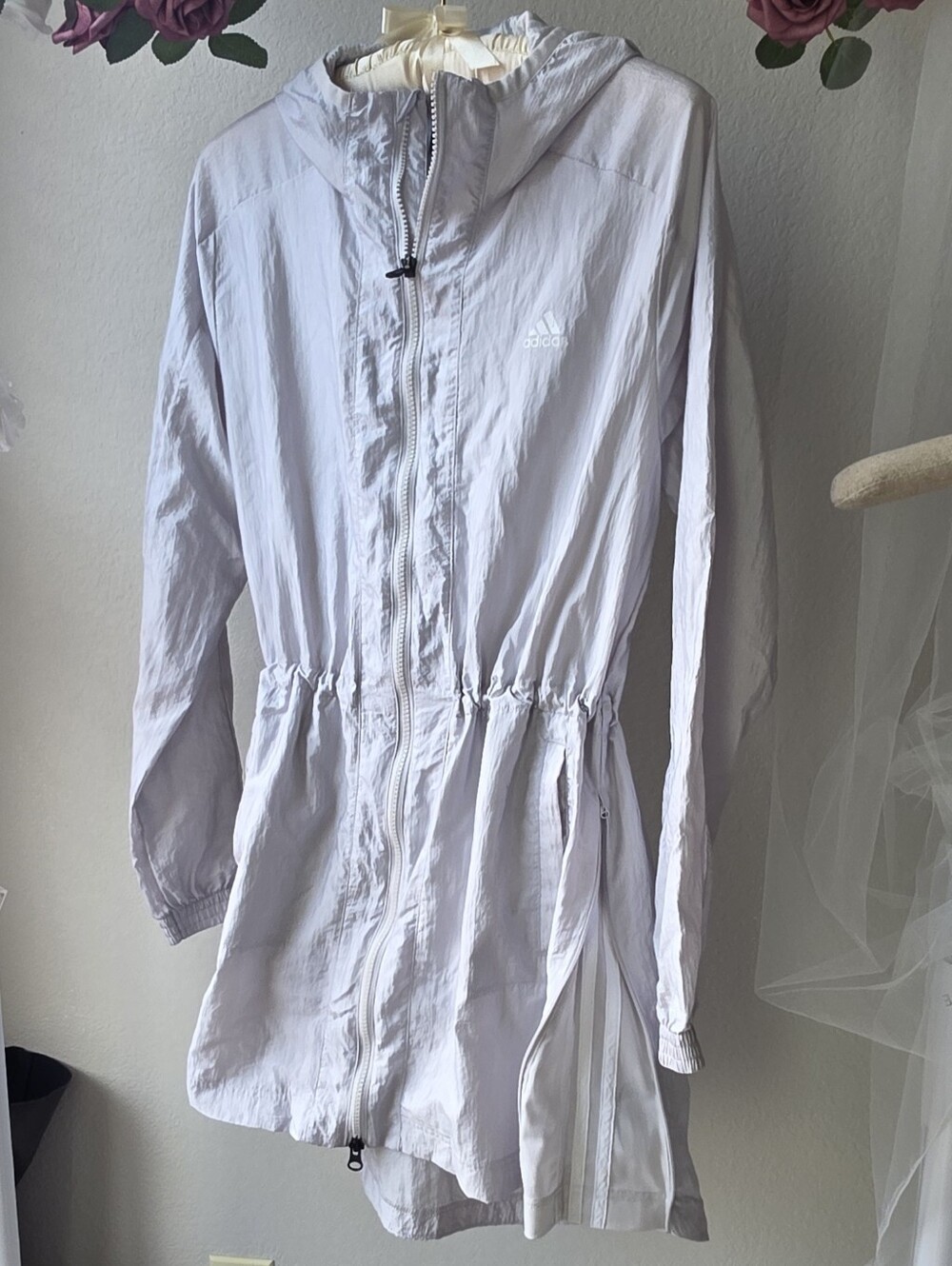 adidas Light Gray Hooded Drawstring Trench Coat
